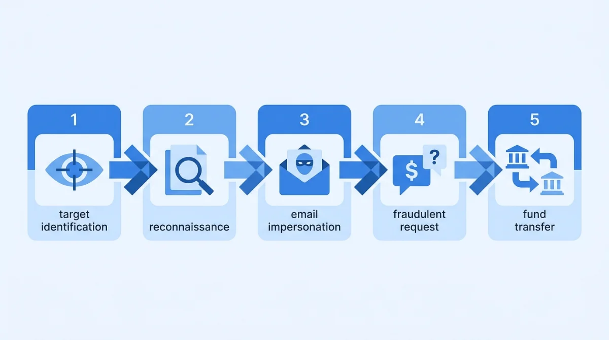 infographic showing the five stages of a business email compromise attack: target identification, reconnaissance, email impersonation, fraudulent request, and money or credential theft.
