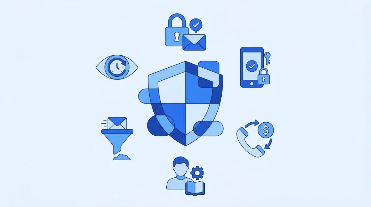 llustration showing six BEC prevention controls for SMEs: email authentication (SPF/DKIM/DMARC), multi-factor authentication, payment verification callbacks, employee awareness training, email filters, and 24/7 managed security monitoring.