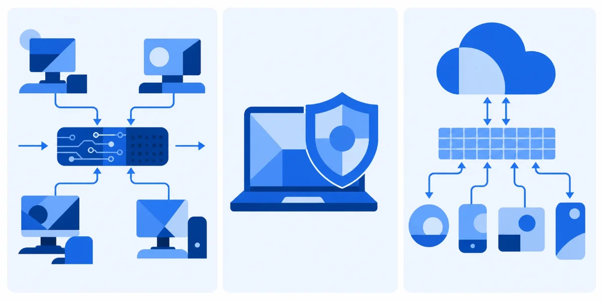 Diagram comparing how hardware, software, and cloud firewalls protect a small business network at different points