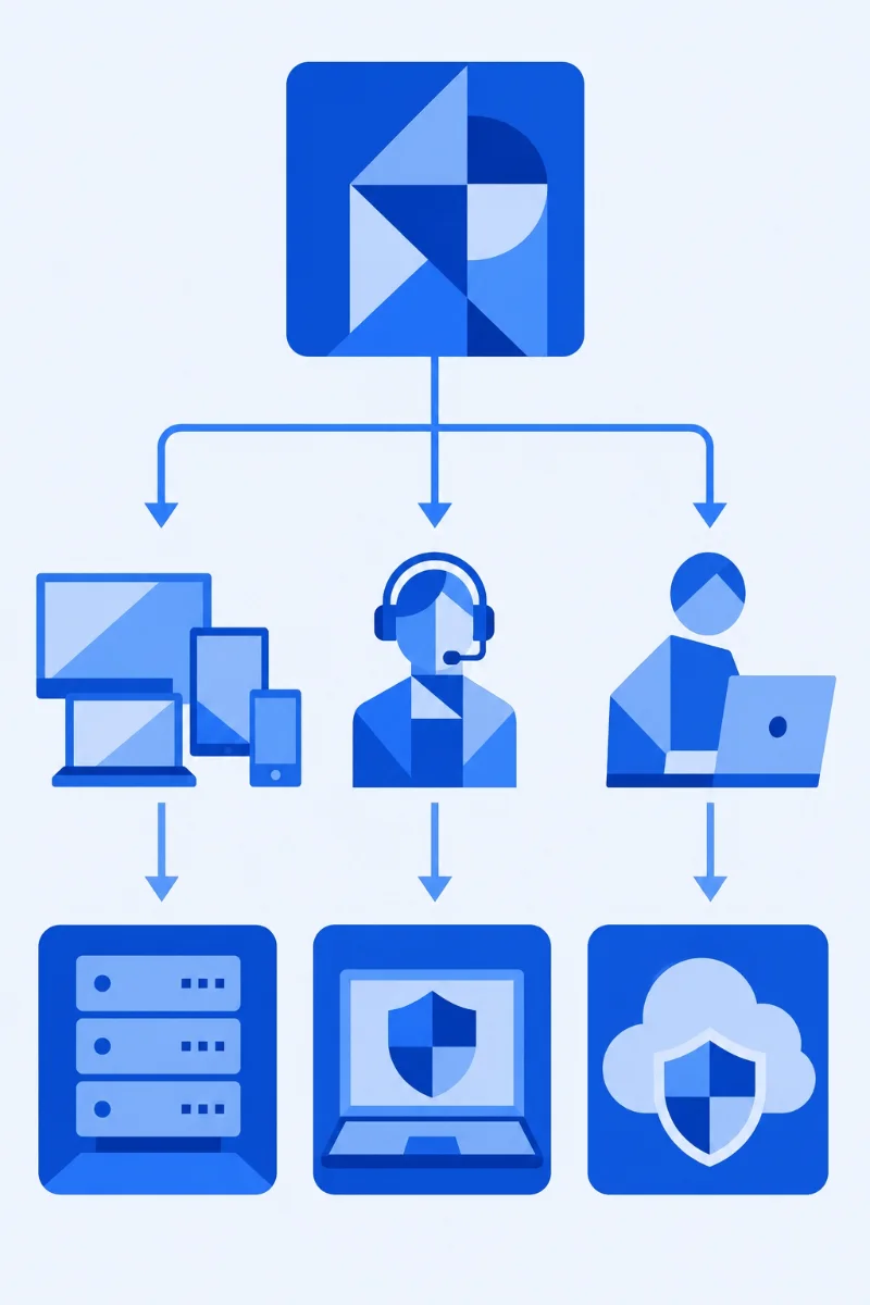 Decision flowchart helping a small business choose between hardware, software, and cloud-managed firewalls by number of devices and IT staff